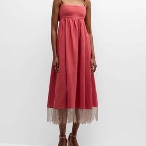 Chic Coral Midi Dress with Fringe Detail